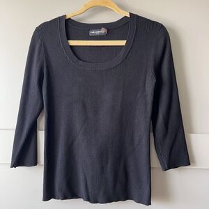 Karl Lagerfeld Paris Black Ribbed 3/4 Sleeve Top Women Medium Scoop Neck Classic
